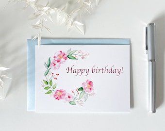 Botanical greeting card, happy birthday card, peony drawing, with and without envelope