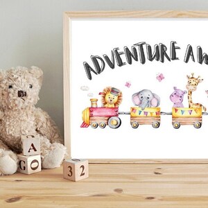 PRINTABLE, Nursery Wall Art Decor, Watercolor Circus Animals, Animal Prints, Baby Room Decor, &quot;Adventure Awaits&quot; (24x18in)