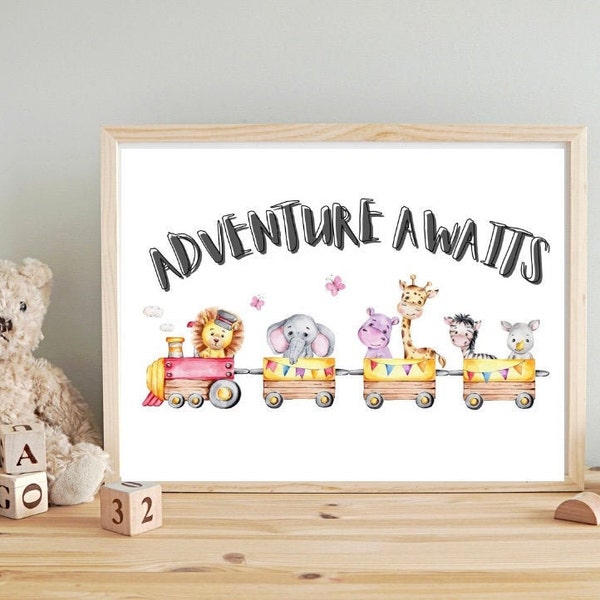 PRINTABLE, Nursery Wall Art Decor, Watercolor Circus Animals, Animal Prints, Baby Room Decor, "Adventure Awaits" (24x18in)