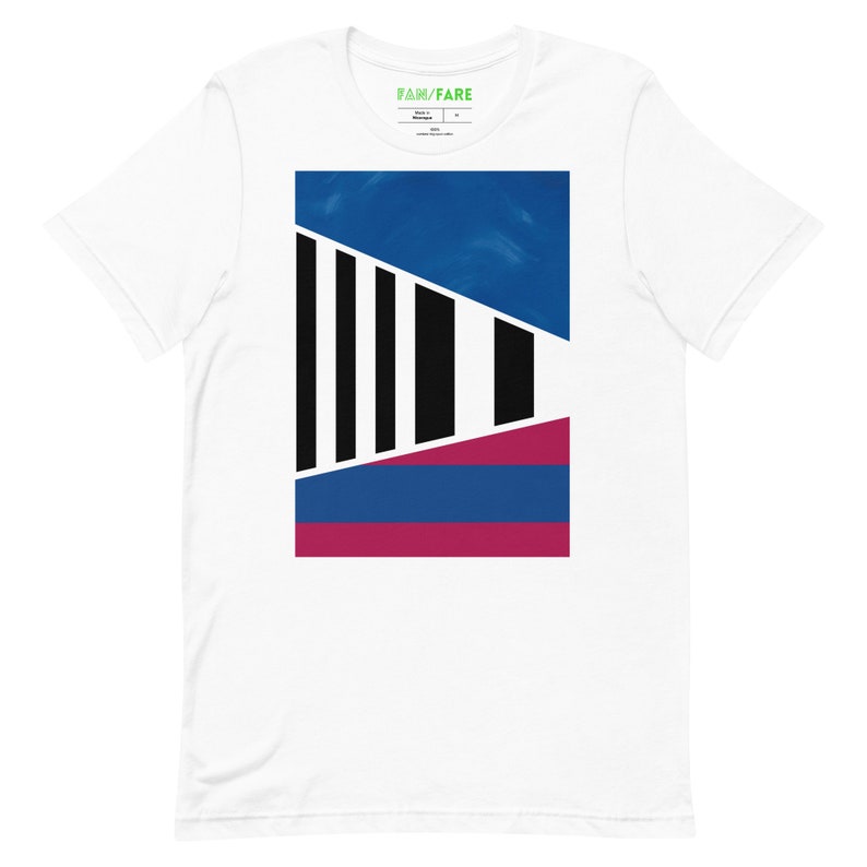 May include: White t-shirt with a graphic design featuring a geometric pattern in black, blue, and pink.