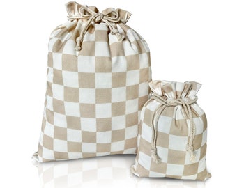 Juego de bolsas de regalo reutilizables con estampado a cuadros: bolsa de lona de algodón con cordón.