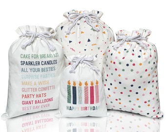 Bolsas de regalo de tela para cumpleaños, colores pastel, reutilizables con cordón, estampado neutro para todas las edades.