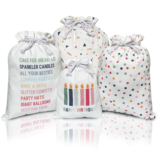 Birthday Fabric Gift Bags, Pastel, Reusable Drawstring, Cloth, Gender Neutral Print for All Ages
