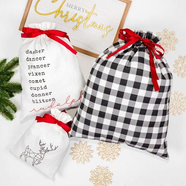 DISCOUNTED - Christmas Fabric Gift Bag, Reusable Drawstring, Xmas, Holiday, Premium Cotton Cloth Canvas Wrap, Red Reindeer