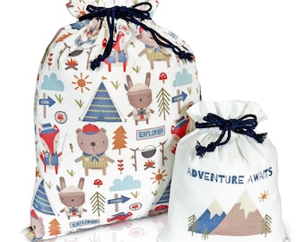 Juego de bolsas de regalo de tela reutilizables / Aventura / Grande y pequeña / Envoltorio de cumpleaños con cordón