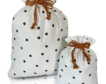 Juego de bolsas de regalo de tela reutilizables / Corazones negros / Grande y pequeña / Envoltura de cumpleaños con cordón