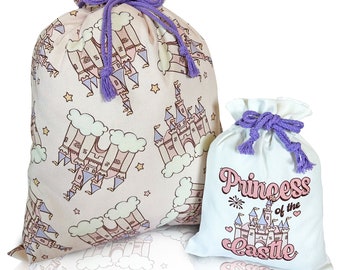 Juego de bolsas de regalo de tela reutilizables / Princesa del Castillo / Grande y pequeña / Envoltorio de cumpleaños con cordón
