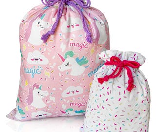 Juego de bolsas de regalo reutilizables / Unicornio rosa / Grande y pequeño / Envoltorio de tela para cumpleaños