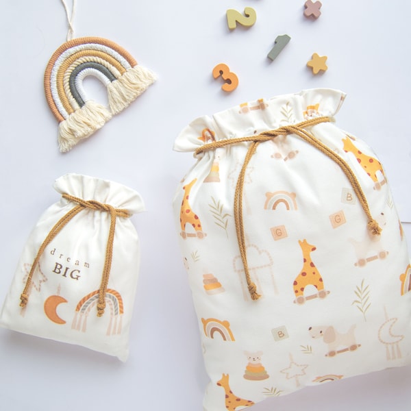 Baby Shower Fabric Gift Bag Boho Reusable Drawstring Wrap Gender Neutral Reveal Cloth Wrapping Pouch for Newborn Bday Sack Favor Goody Bag