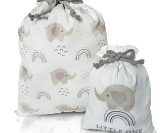 Juego de bolsas de regalo de tela reutilizables / Elefante azul / Grande y pequeño / Envoltorio de cumpleaños con cordón