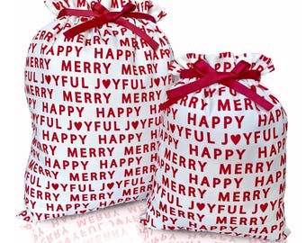 Bolsa de regalo de tela navideña, reutilizable con cordón, para Navidad, fiestas, envoltura de lona de primera calidad, feliz, alegre y alegre.
