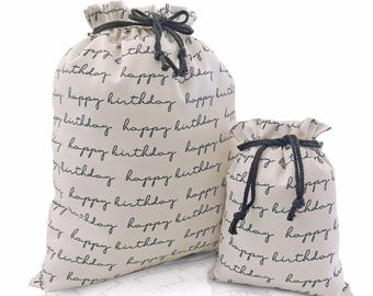 Juego de bolsas de regalo de tela reutilizables / Texto "Feliz Cumpleaños" / Grande y pequeña / Envoltura de regalo con cordón