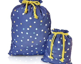 Juego de bolsas de regalo reutilizables / Lunares azul marino / Grande y pequeña / Envoltorio de tela para cumpleaños
