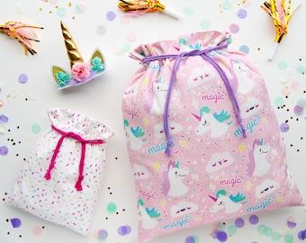 Unicorn Fabric Gift Bag Reusable Drawstring Bag Cloth Baby Shower Wrap Girl Birthday Bag Pink Wrapping Confetti Bag Canvas Sprinkles Gift