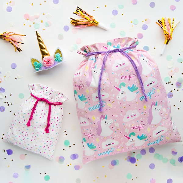 Unicorn Fabric Gift Bag Reusable Drawstring Bag Cloth Baby Shower Wrap Girl Birthday Bag Pink Wrapping Confetti Bag Canvas Sprinkles Gift