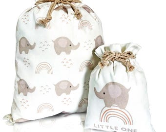 Juego de bolsas de regalo de tela reutilizables / Elefante rosa / Grande y pequeño / Envoltorio de cumpleaños con cordón