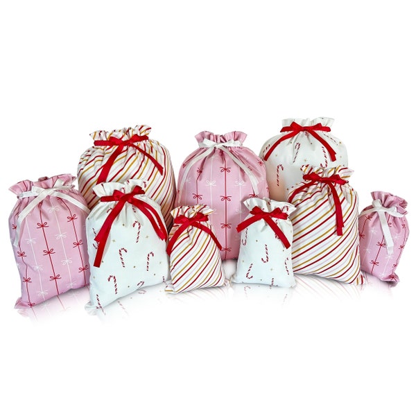 Christmas Fabric Gift Bag, Reusable Drawstring, Xmas, Holiday, Premium Cotton Cloth Canvas Wrap, Candy Cane, Bows, Stripes, Red Pink Gold