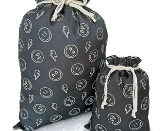 Bolsa de regalo de tela para cumpleaños de niño, bolsa de regalo reutilizable, bolsa de regalo para baby shower, envoltura de cumpleaños, bolsa de lona con cara sonriente feliz negra