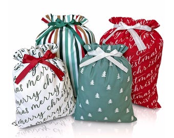 Juego de bolsas de regalo navideñas de tela, estilo rústico moderno, de lona con cordón ajustable.