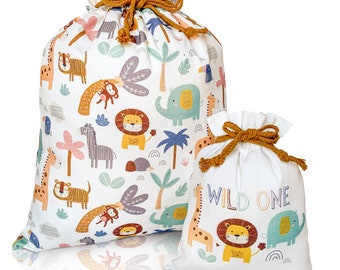 Juego de bolsas de regalo de tela reutilizables / Wild One Safari / Grande y pequeña / Envoltorio de cumpleaños con cordón