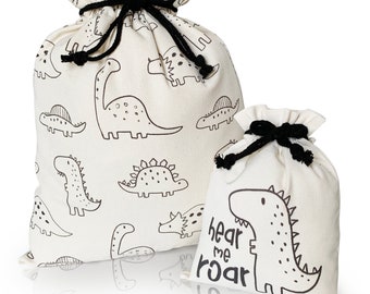 Juego de bolsas de regalo de tela reutilizables / Estampado de dinosaurios / Grande y pequeña / Envoltorio de cumpleaños con cordón
