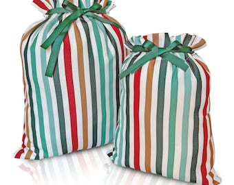 Christmas Fabric Gift Bag: Reusable Green Stripes Canvas Drawstring