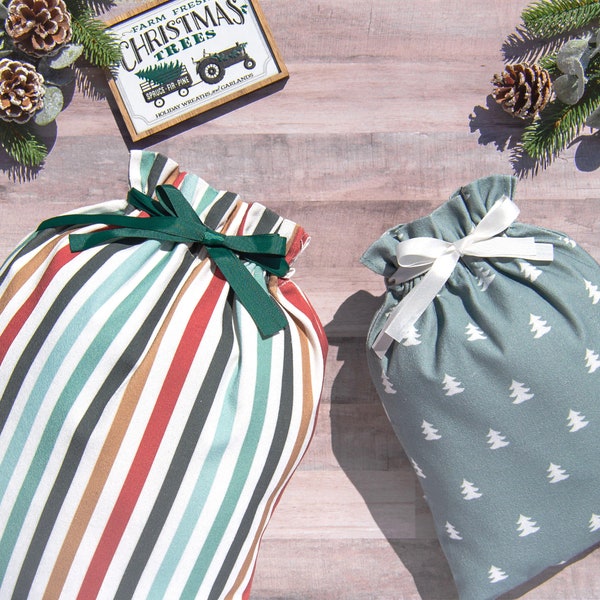 DISCOUNTED - Christmas Fabric Gift Bag, Reusable Drawstring, Xmas, Holiday, Premium Cotton Cloth Canvas Wrap, Modern Farmhouse