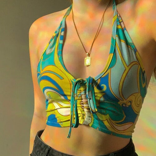 70s Paisley Swirl Print Halter Crop Top , Y2K , Hot Girl Summer