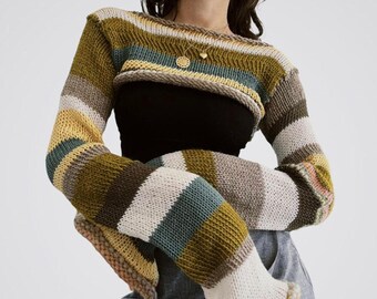 Y2k Hollow Out Crop Sweater | Stripe Crochet Knitted Shrug Fishnet Jumper Top | Early 2000s Aesthetic Harajuku Street Style