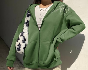 Women/’s Oversized Y2K Sweatshirt Long Sleeve Zip up Punk Goth Printed Hoodie Aesthetic Drawstring Jacket with Pockets