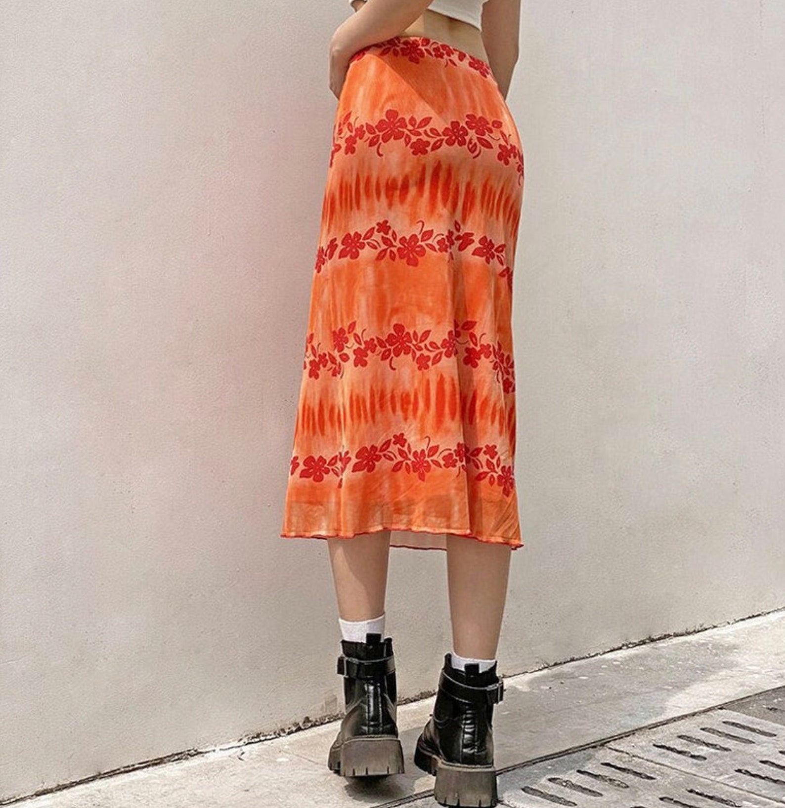 Y2k High Waisted Midi Skirt Orange Boho Hawaii Hot | Etsy