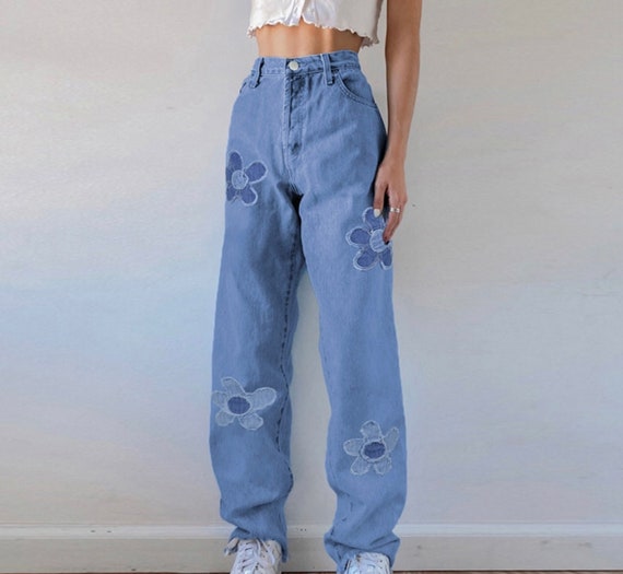 90s Style High Waisted Denim Flower 