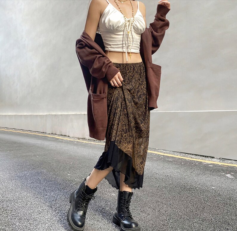 Y2k Fairycore Mesh Midi Skirt Grunge Boho Aesthetic Brown Etsy Israel