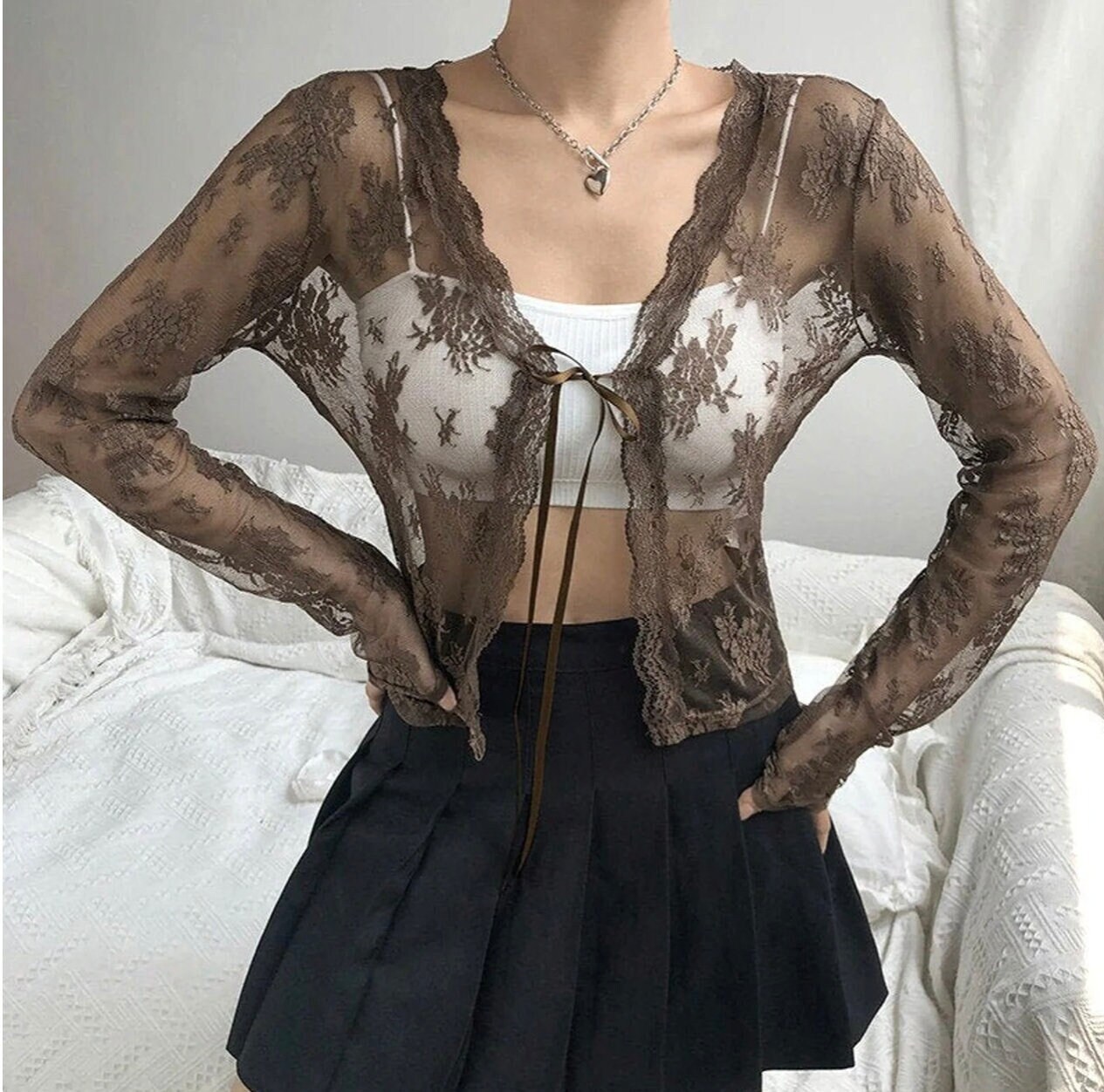 Y2k Lace Floral Mesh Tie up Cardigan 