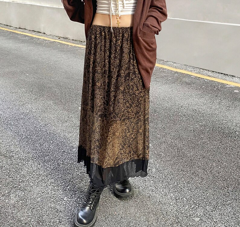 Y2k Fairycore Mesh Midi Skirt Grunge Boho Aesthetic Brown Etsy Israel