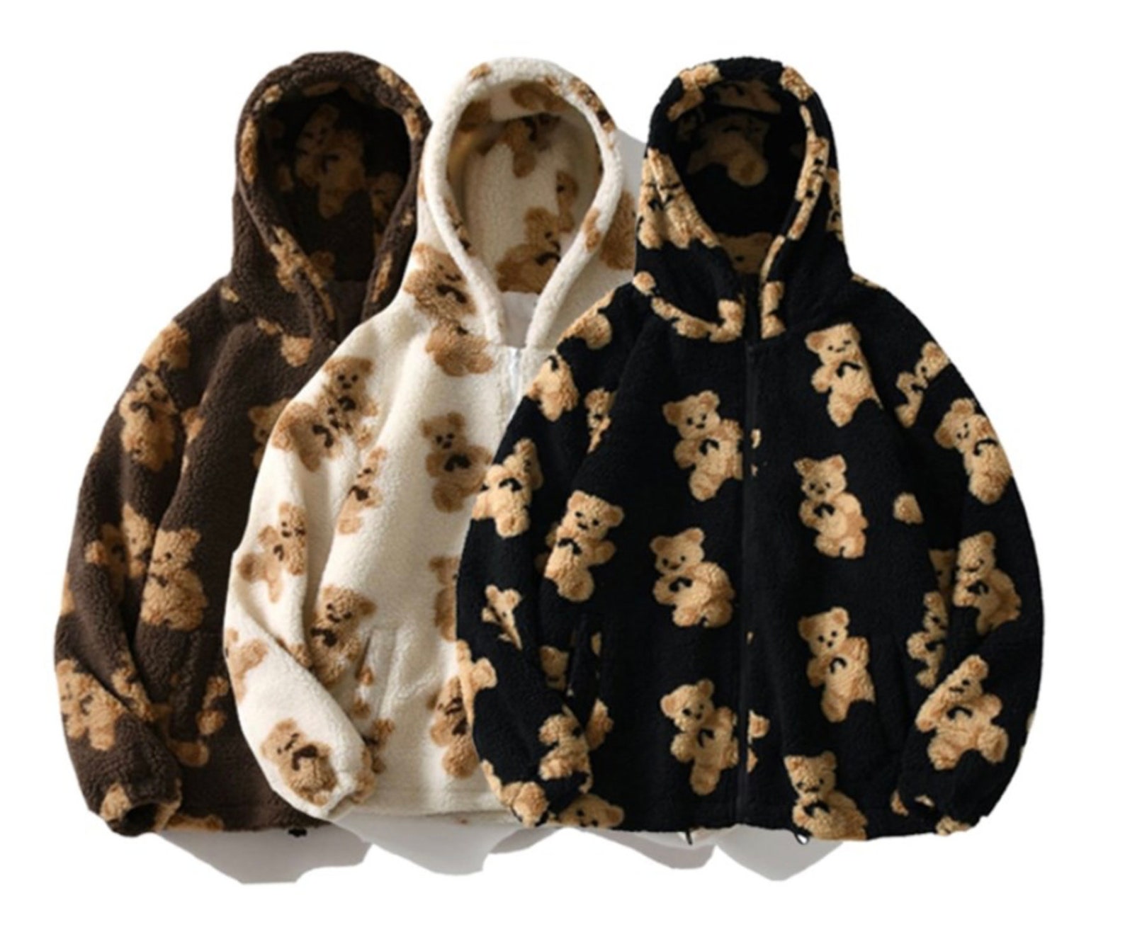 Harajuku Streetwear Fluffy Teddy Bear Print Zip up Hoodie Etsy
