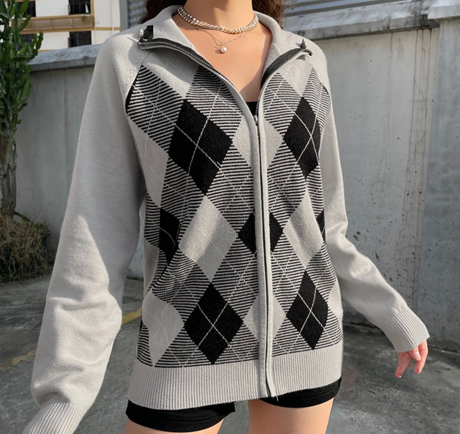 Argyle Knit Zip Sweater Cardigan Zipper 