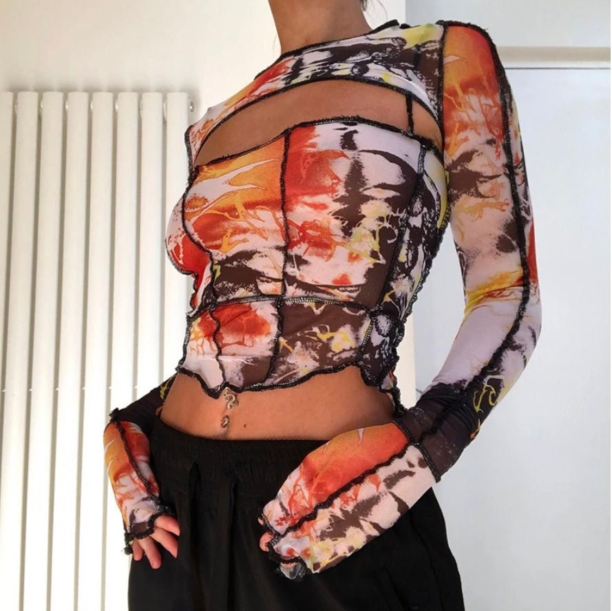 Y2k Mesh Long Sleeve Abstract Print Top 2000s Bella Hadid - Etsy New Zealand