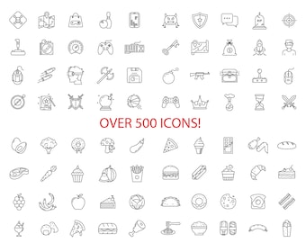 May include: A black and white line art illustration of over 500 icons. The icons are organized in rows and columns and depict a variety of objects, including food, drinks, games, and other everyday items.
