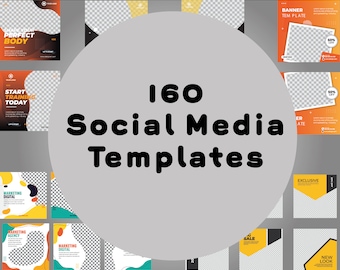 May include: A collection of 160 social media templates. The templates feature various designs with orange, yellow, and teal accents. Some templates include text such as "Shape Your Perfect Body" and "Start Training Today."