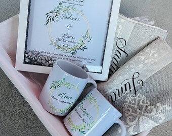 Personalised Islamic Wedding Gift Hamper | Nikkah Gift Set with Frame, Mugs, Prayer Mats
