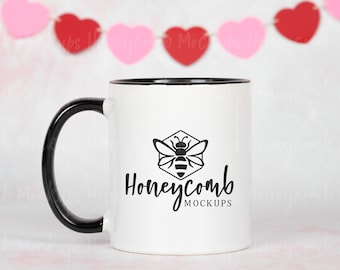 Valentinstag Becher Mockup, 11 Unzen schwarzer Akzent Becher Mockup, Becher mit schwarzem Griff Mockup, leerer Becher Mockup, gestalteter Becher Foto, zweifarbiges Becher-Modell