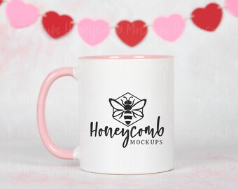 Valentines Day Mug Mockup, 11oz Pink Accent Mug Mockup, Pink Handle Mug Mockup, Blank Mug Mockup, Styled Mug Photo, Pink Two Tone Mug Mockup
