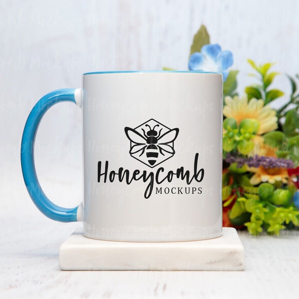 11oz Blue Accent Mug Mockup, Mug Mockup with Flowers, Blue Handle Mug Mockup, Coffee Mug Mockup, Styled Mug Photo, Mothers Day Mug Mockup