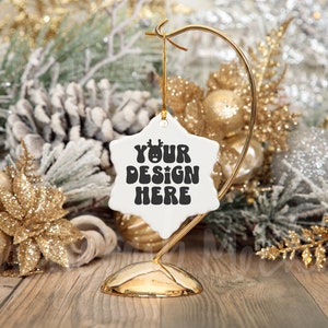 Printify Ornament Mockup, Ceramic Snowflake Ornament Mockup, Christmas Ornament Mockup, Real Print on Demand Mockup, Blank Ornament Mockup