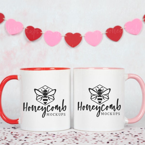 Valentines Mug Mockup, 11oz Accent Mug Mockup, Pink Accent Mug Mockup, Red Accent Mug Mockup, Two Coffee Mugs Mockup, Front Back Mug Mockup