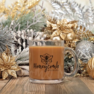 Christmas Glass Mug Mockup, Clear Glass Mug Mockup, 10oz Glass Mug Mockup, Printed Mint Mockup, Coffee Mockup, Styled Mug Stock Photo