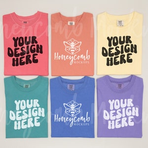 Comfort Colors 1717 Group Mockup, Folded Mockup, 1717 Watermelon, 1717 Terracotta, 1717 Banana, 1717 Seafoam, 1717 Flo Blue, 1717 Violet