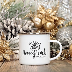 Maqueta de taza de campamento navideño, maqueta de taza esmaltada de 12 oz, maqueta de taza de campamento, maqueta de taza esmaltada de campamento, maqueta de taza con borde plateado, maqueta de taza de 12 oz