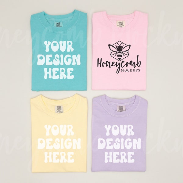 Comfort Colors 1717 Group Mockup, Mockup, Spring Mockup, Multiple Shirt Mockup, Chalky Mint, Blossom, Banana, Orchid 1717 Mockup